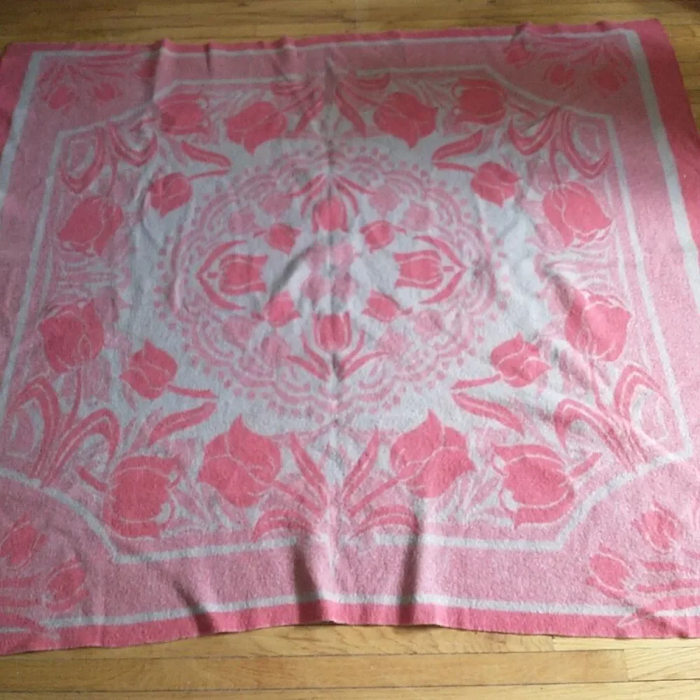 Vtg ORR HEALTH All Wool Blanket Holland Tulip Pink Reversible USA 69x79 *READ